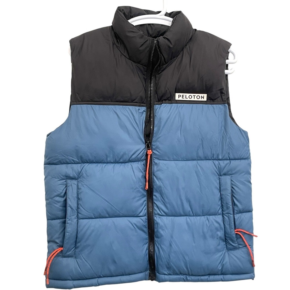Peloton Puffer Vest Mens Small Blue Black Colorblock Quilted Full Zip Sleeveless